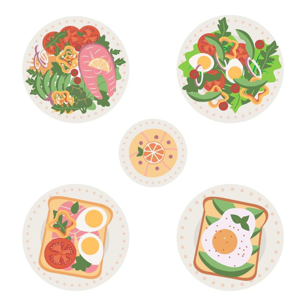 Delicious and fresh dishes set, salads and sandwiches vector