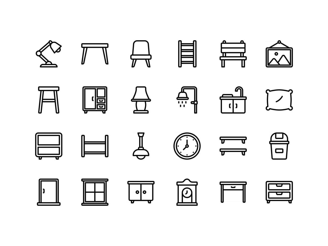Furniture and Household Items Outline Icon Set vector