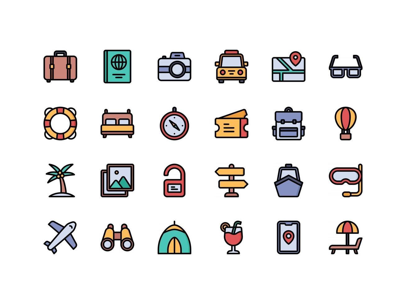 vacaciones y viajes conjunto de iconos de color lineal vector