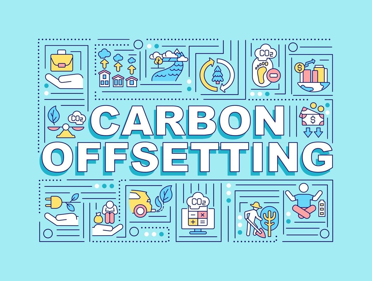 Carbon offsetting word concepts banner. Fighting warming. Infographics with linear icons on turquoise background. Isolated creative typography. Vector outline color illustration with text