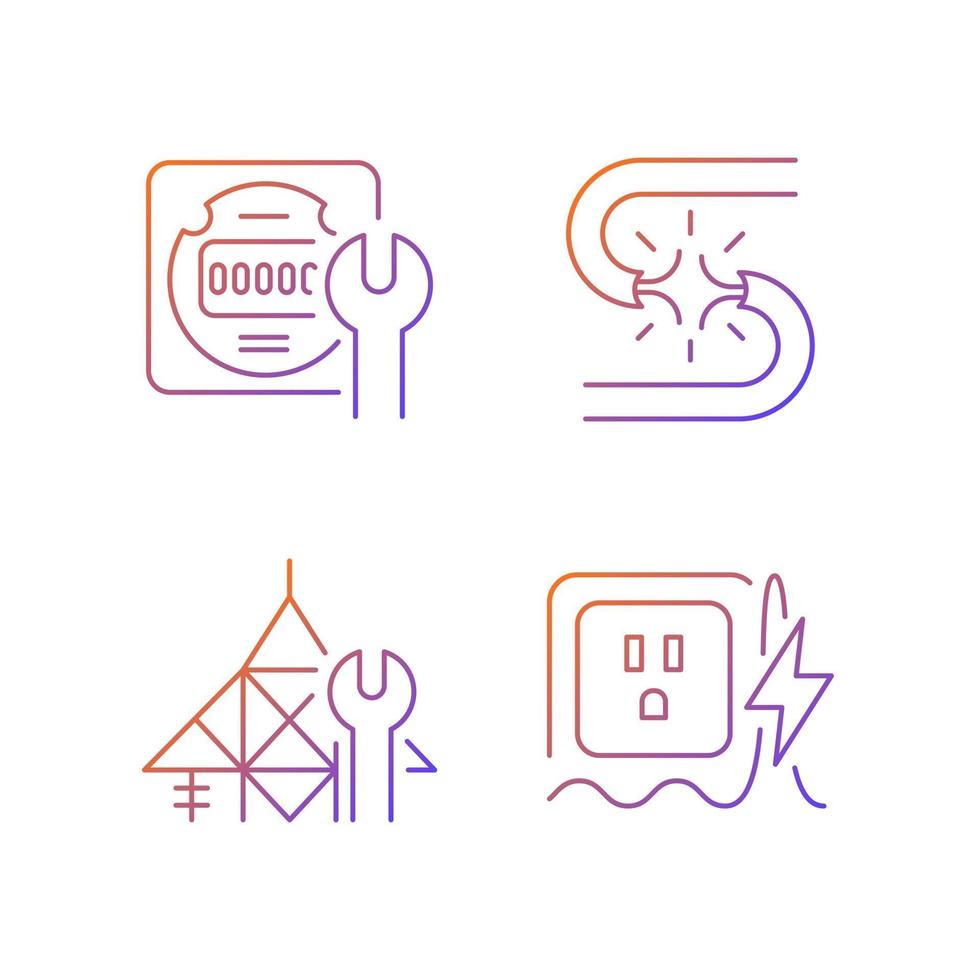 Electrician service gradient linear vector icons set. Energy meter maintenance. Short circuit. Power line repair. Thin line contour symbols bundle. Isolated vector outline illustrations collection