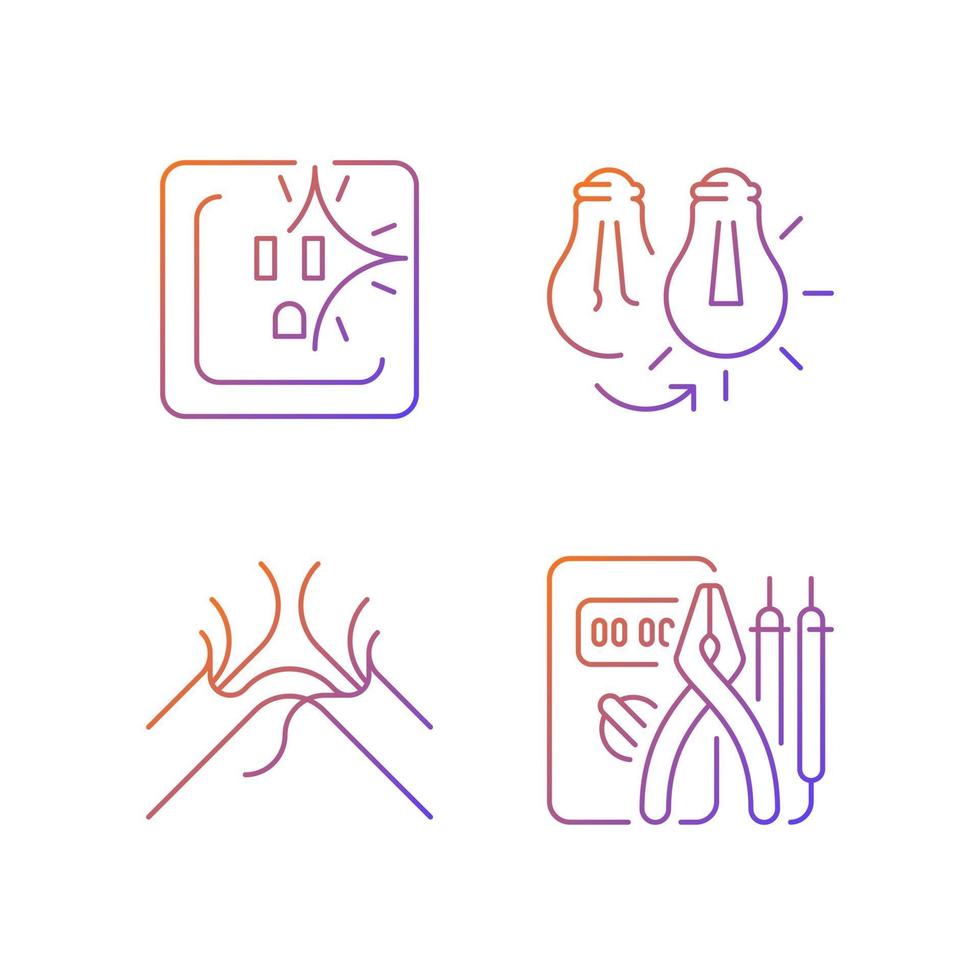 Electrician service gradient linear vector icons set. Sparking outlet. Changing lightbulb. Frayed, tattered cord. Thin line contour symbols bundle. Isolated vector outline illustrations collection