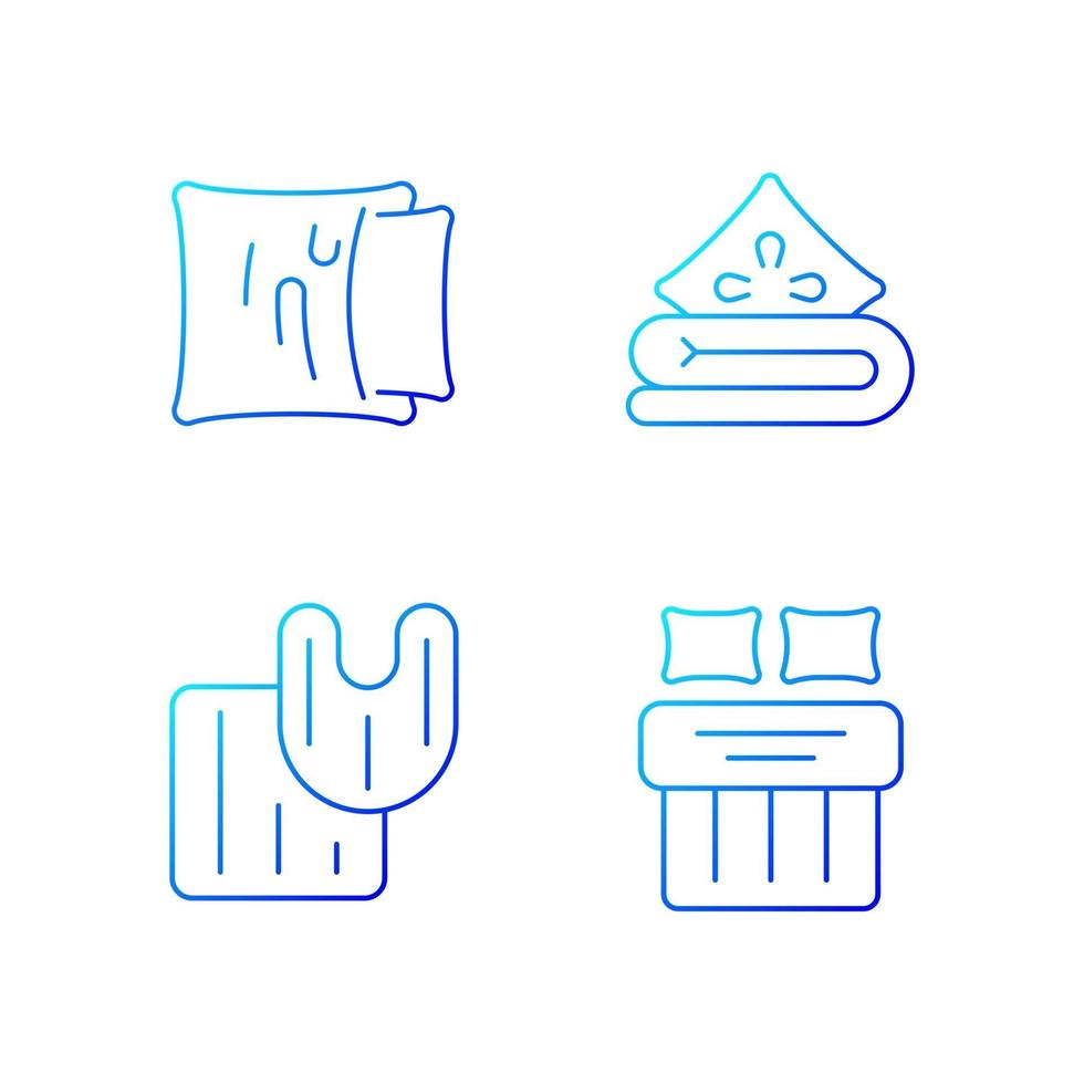 Domestic textile gradient linear vector icons set. Pillow case. Linen bedding. Bathroom rugs. Bed sheets, blankets. Thin line contour symbols bundle. Isolated vector outline illustrations collection