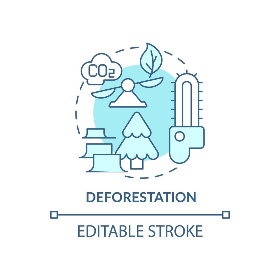 Deforestation concept icon. Human carbon emissions cause abstract idea thin line illustration. Tropical forest thinning and destroying by humans. Vector isolated outline color drawing. Editable stroke