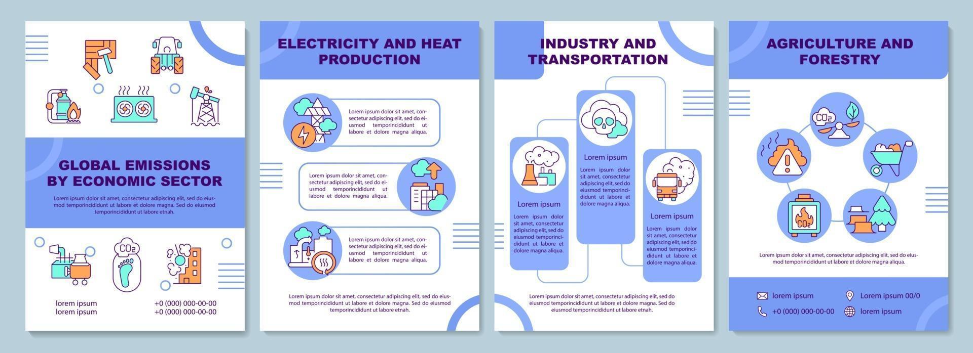 Emisiones globales por plantilla de folleto de sector económico. industria. folleto, folleto, impresión de folletos, diseño de portada con iconos lineales. diseños vectoriales para presentaciones, informes anuales, páginas publicitarias vector