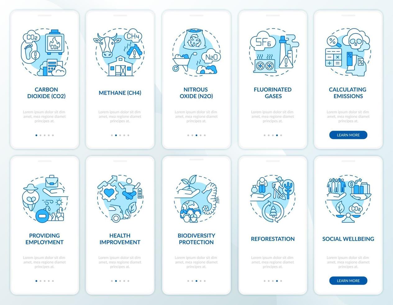 Greenhouse gas emissions onboarding mobile app page screen with concepts set. Health improvement walkthrough 5 steps graphic instructions. UI, UX, GUI vector template with linear color illustrations