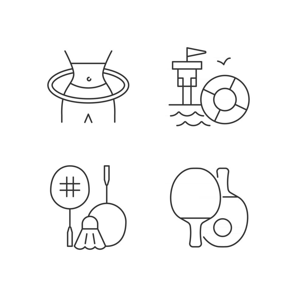 Summer camp activities linear icons set. Hula Hoop workout. First aid. Ping pong. Body warm-up. Customizable thin line contour symbols. Isolated vector outline illustrations. Editable stroke