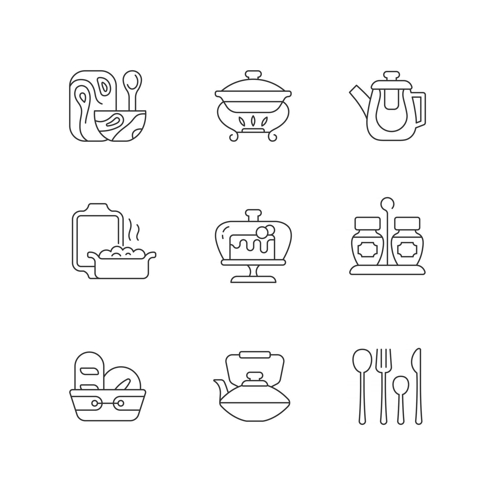 Trendy tableware linear icons set. Specially designed kitchenware