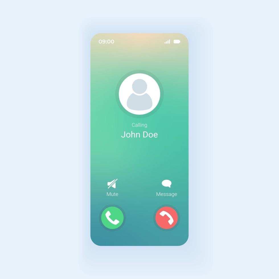 Receiving phone call smartphone interface vector template. Mobile app page design layout. Rejecting, muting calls screen. Unknown number calling. Flat UI for application. Phone display