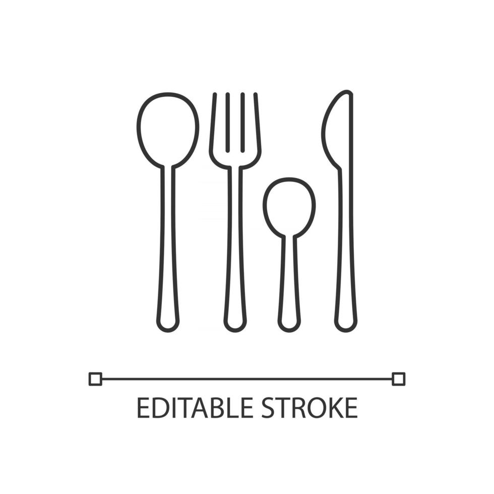 Forks, knives and spoons linear icon. Dinner accessories for eating at home. Kitchen equipment. Thin line customizable illustration. Contour symbol. Vector isolated outline drawing. Editable stroke