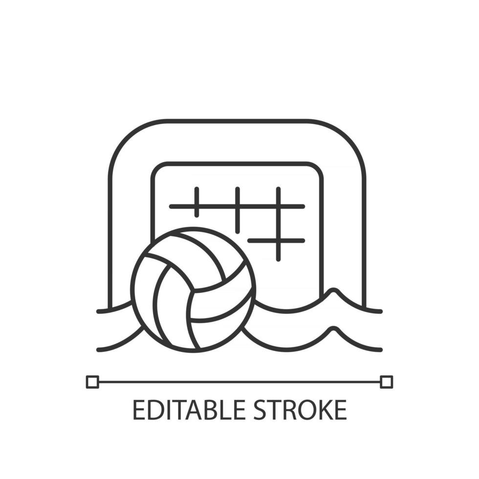 Beach soccer linear icon. Playing on sand surface. Beach football. Kicking ball at goal. Thin line customizable illustration. Contour symbol. Vector isolated outline drawing. Editable stroke