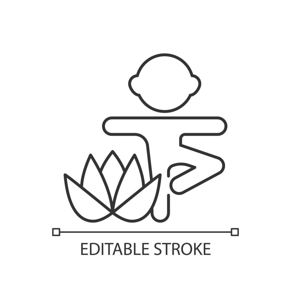 Kids yoga linear icon. Enhancing children mindfulness, concentration. Breathing techniques. Thin line customizable illustration. Contour symbol. Vector isolated outline drawing. Editable stroke