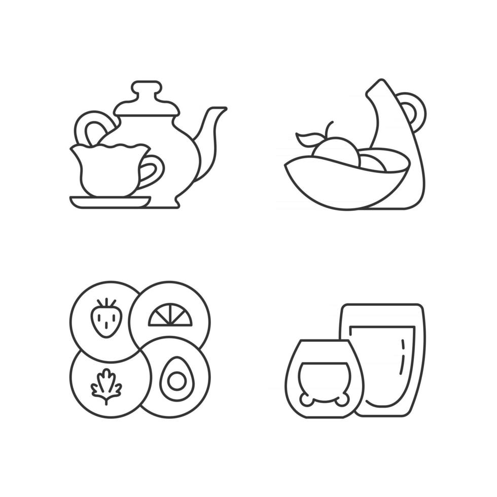 Trendy kitchenware linear icons set. Sectional plate and divided dish. Double glass cups for hot tea. Customizable thin line contour symbols. Isolated vector outline illustrations. Editable stroke