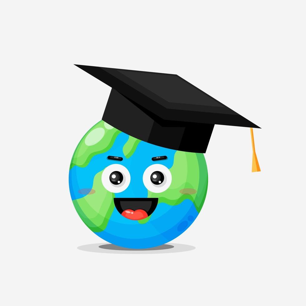 A graduation cap on a globe with a happy expression vector