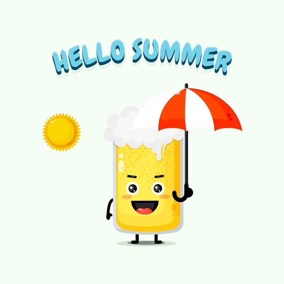 Cute beer mascot carrying umbrella with summer greetings vector