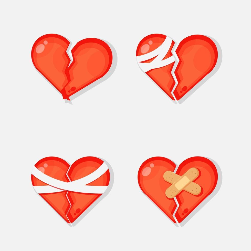 Broken heart with bandage icon set vector