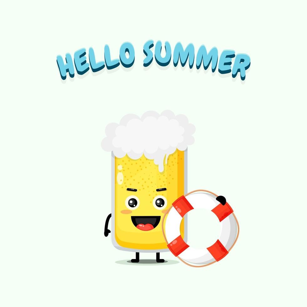 Cute beer mascot carrying a float with summer greetings vector