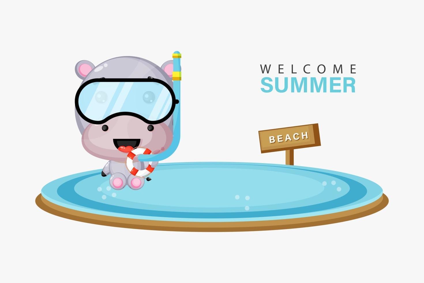 Cute hippo swimming on the beach with summer greetings vector