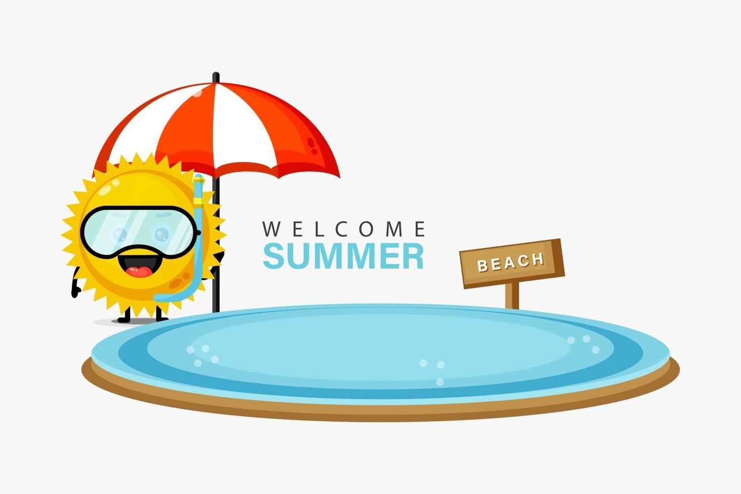 Cute sun mascot swimming on the beach with summer greetings vector