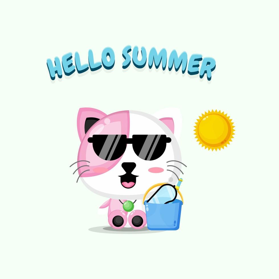 Cute cat mascot carrying a bucket with summer greetings vector