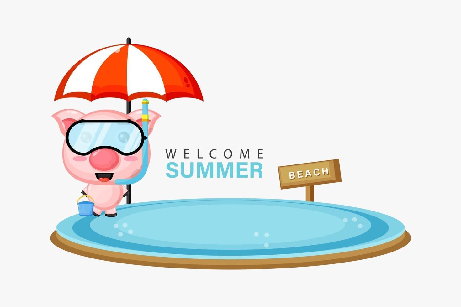 Cute pig mascot swimming on the beach with summer greetings vector