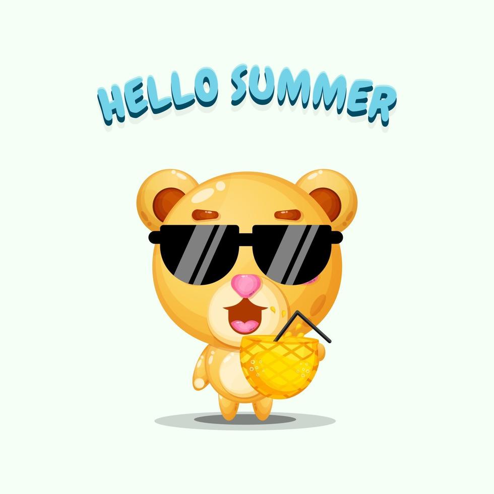 Cute bear mascot carrying pineapple juice with summer greetings vector