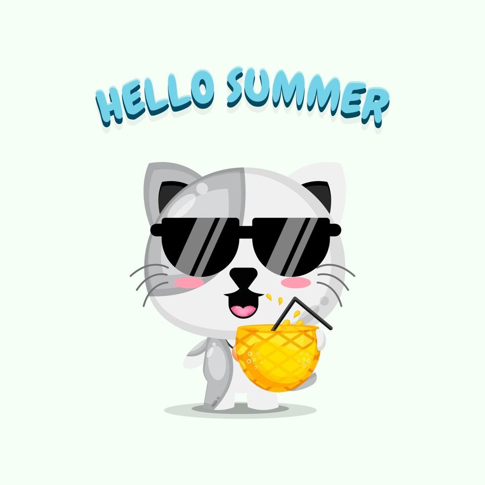 Cute cat mascot carrying pineapple juice with summer greetings vector