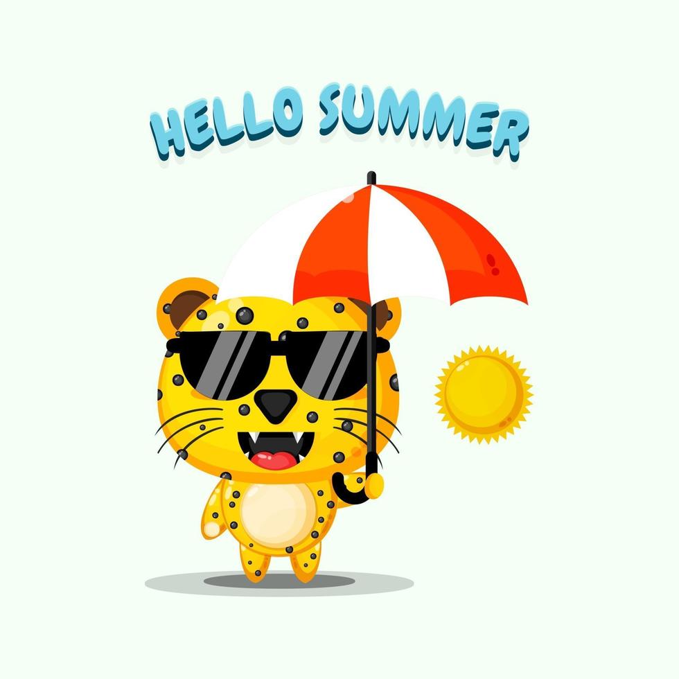 Cute leopard mascot carrying umbrella with summer greetings vector