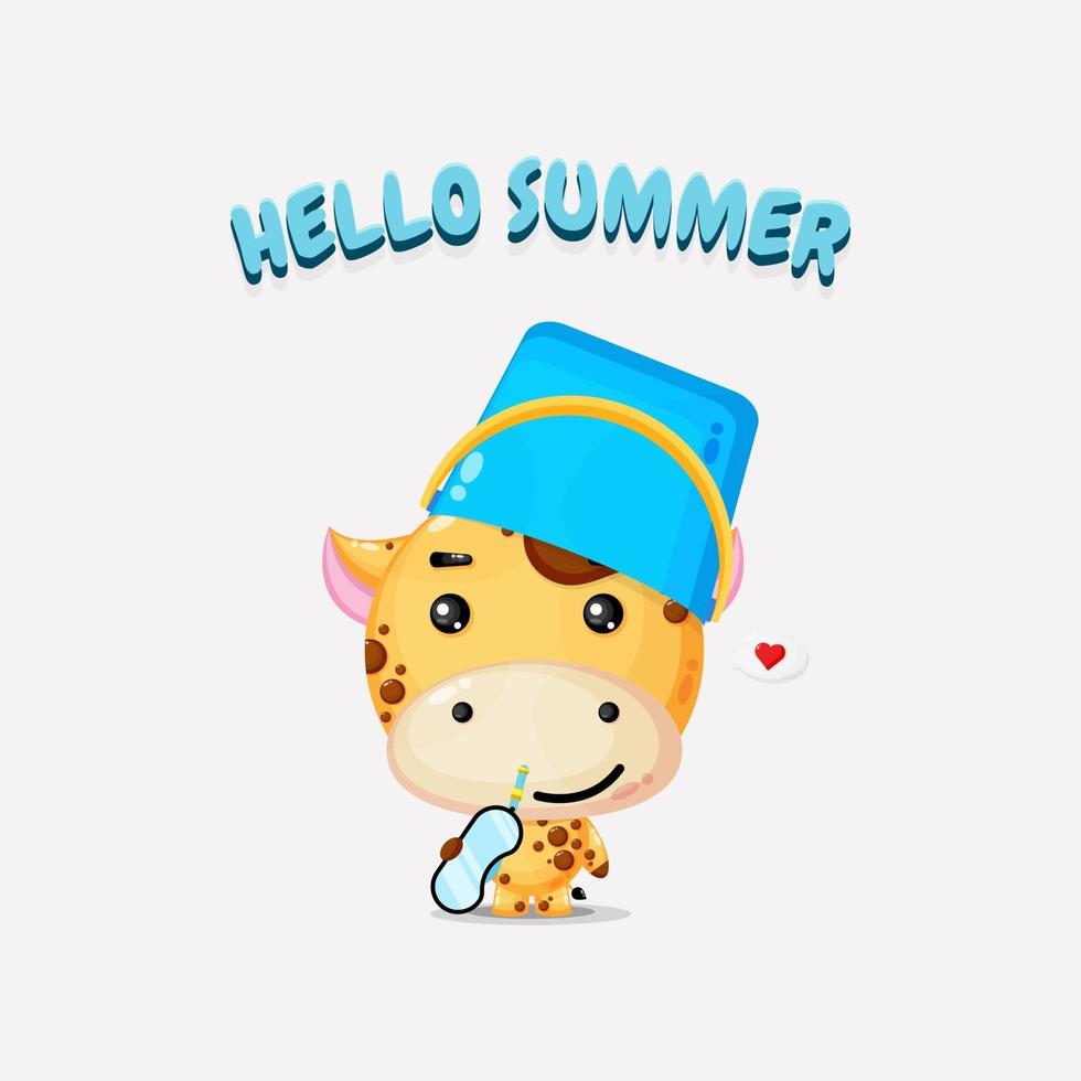 mascota jirafa con sombrero de cubo con saludos de verano vector