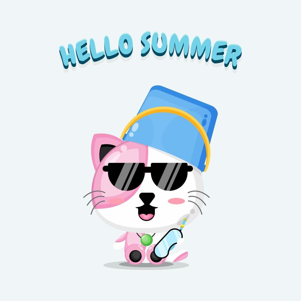 Cute cat wearing a bucket hat with summer greetings vector