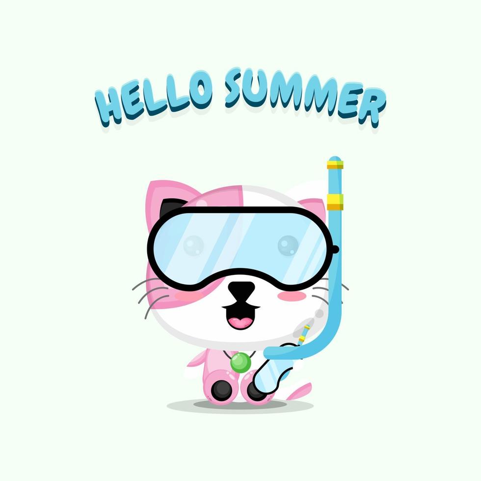 Cute cat wearing diving gear with summer greetings vector