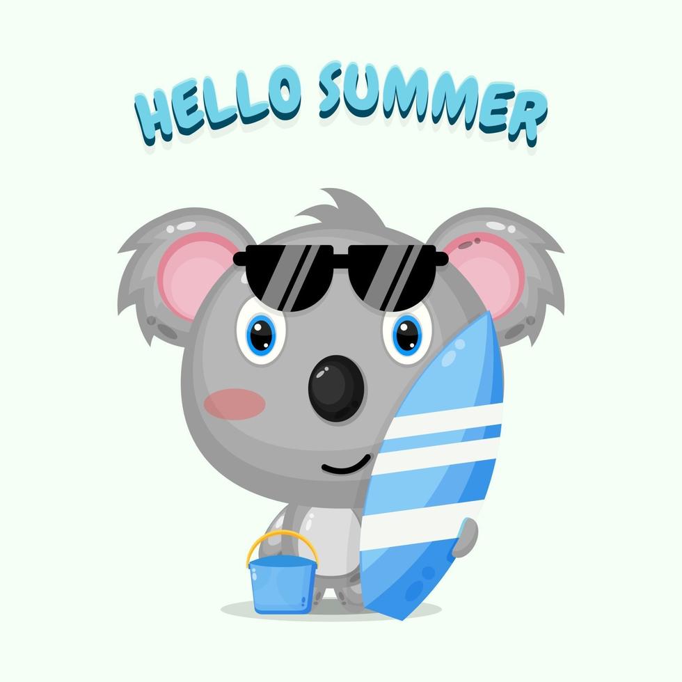 lindo koala con tabla de surf con saludos de verano vector