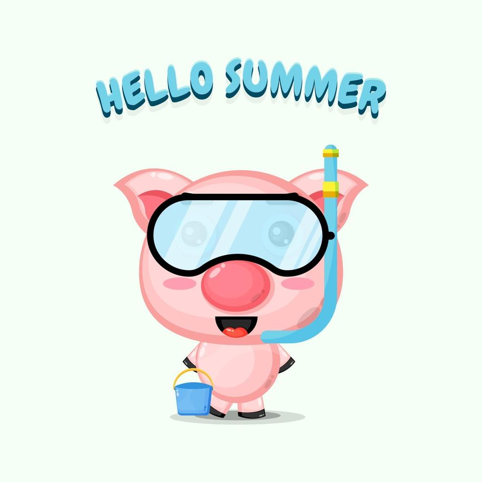 Cute pig wearing diving gear with summer greetings vector