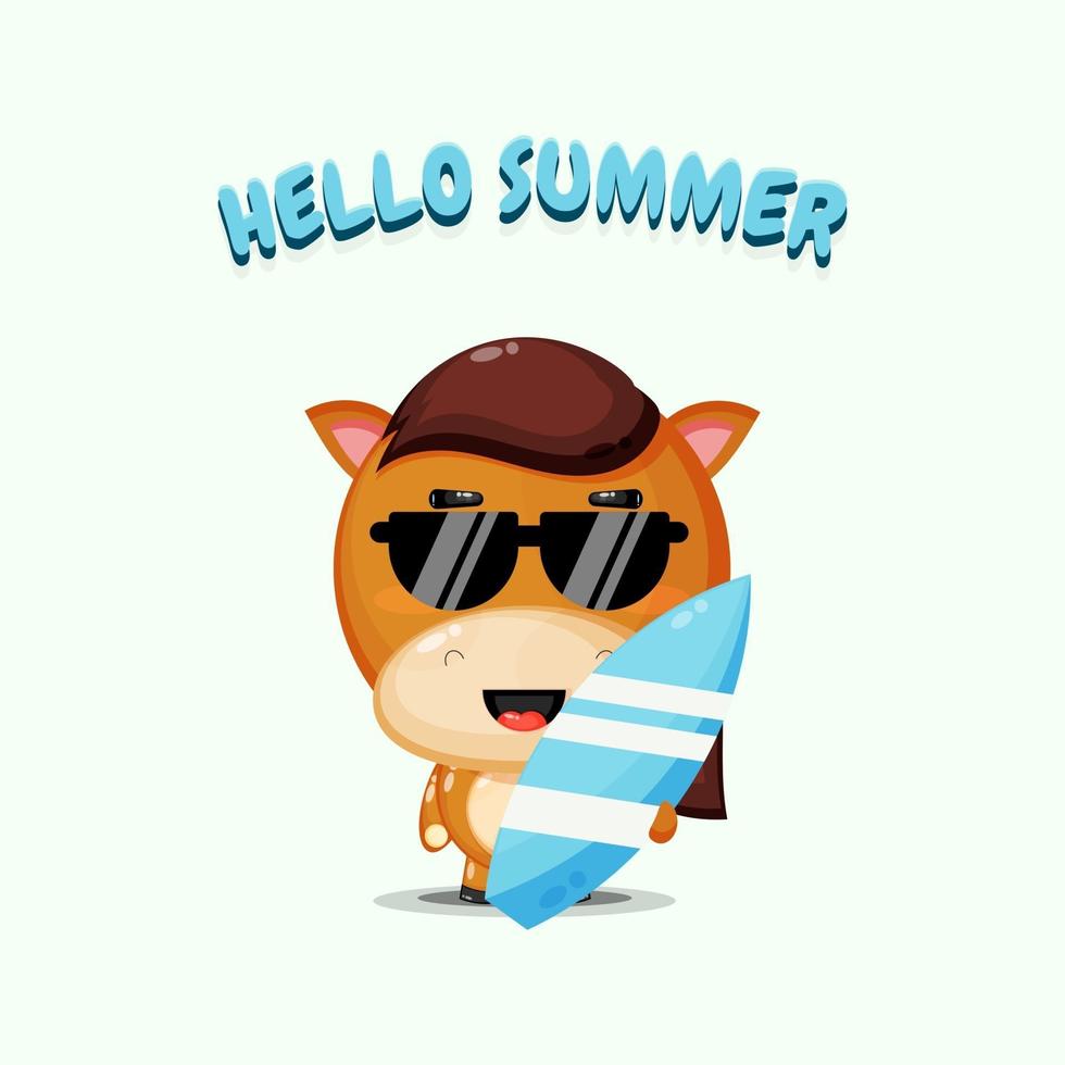 Cute horse carrying surfboard with summer greetings vector