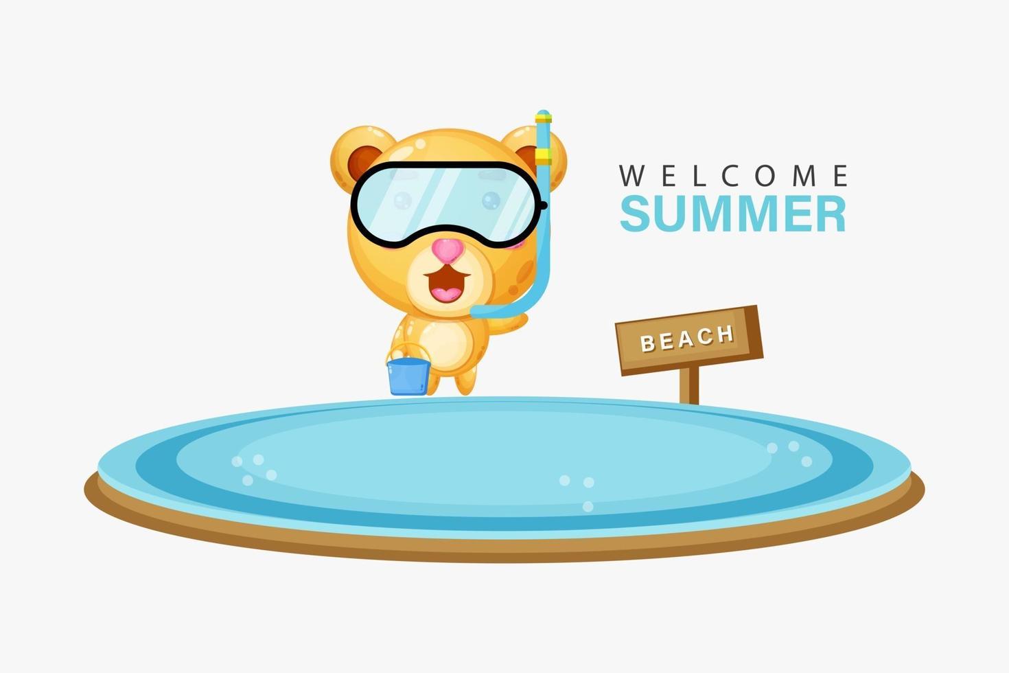 Cute bear swimming on the beach with summer greetings vector