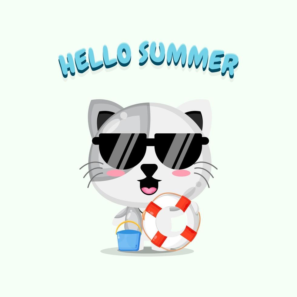 Cute cat carrying a float with summer greetings vector