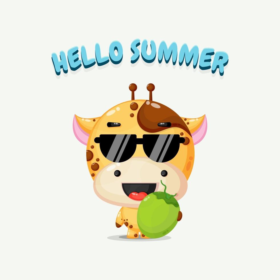 Cute giraffe mascot carrying coconut with summer greetings vector