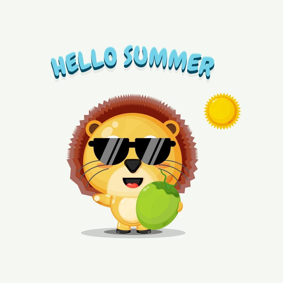 Cute lion mascot carrying coconut with summer greetings vector