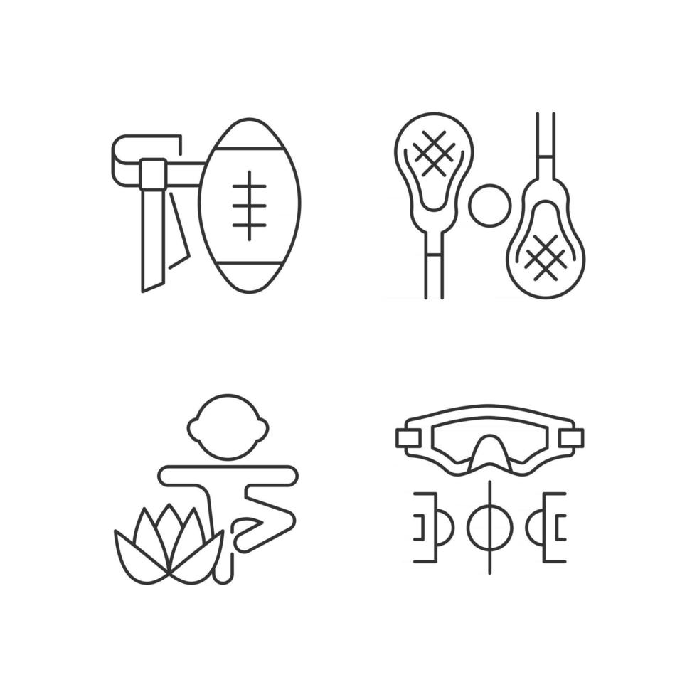 Summer camp activities linear icons set. Flag football. Lacrosse. Kids yoga. Water polo. Body workout. Customizable thin line contour symbols. Isolated vector outline illustrations. Editable stroke