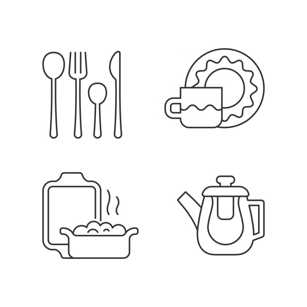 Conjunto de iconos lineales de accesorios de cena. Tetera de doble vidrio templado para líquidos calientes. Plato de horno de cerámica. símbolos de contorno de línea fina personalizables. ilustraciones de contorno de vector aislado. trazo editable