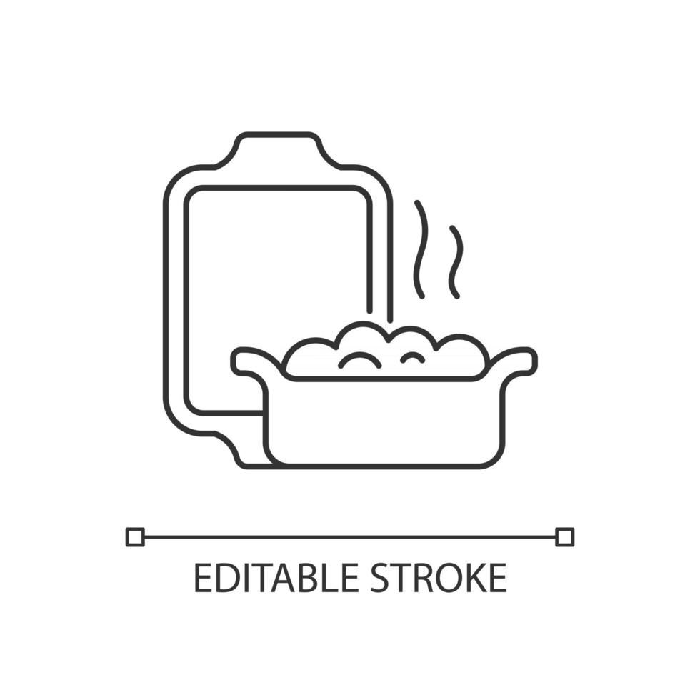 Ceramic oven dish linear icon. Special material to deal with high temperatures. Kitchen equipment. Thin line customizable illustration. Contour symbol. Vector isolated outline drawing. Editable stroke