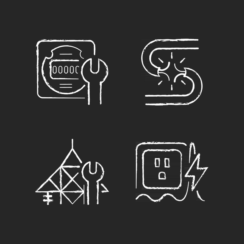 Electrician service chalk white icons set on dark background. Energy meter maintenance. Short circuit. Power line repair. Power surge. Voltage excess. Isolated vector chalkboard illustrations on black