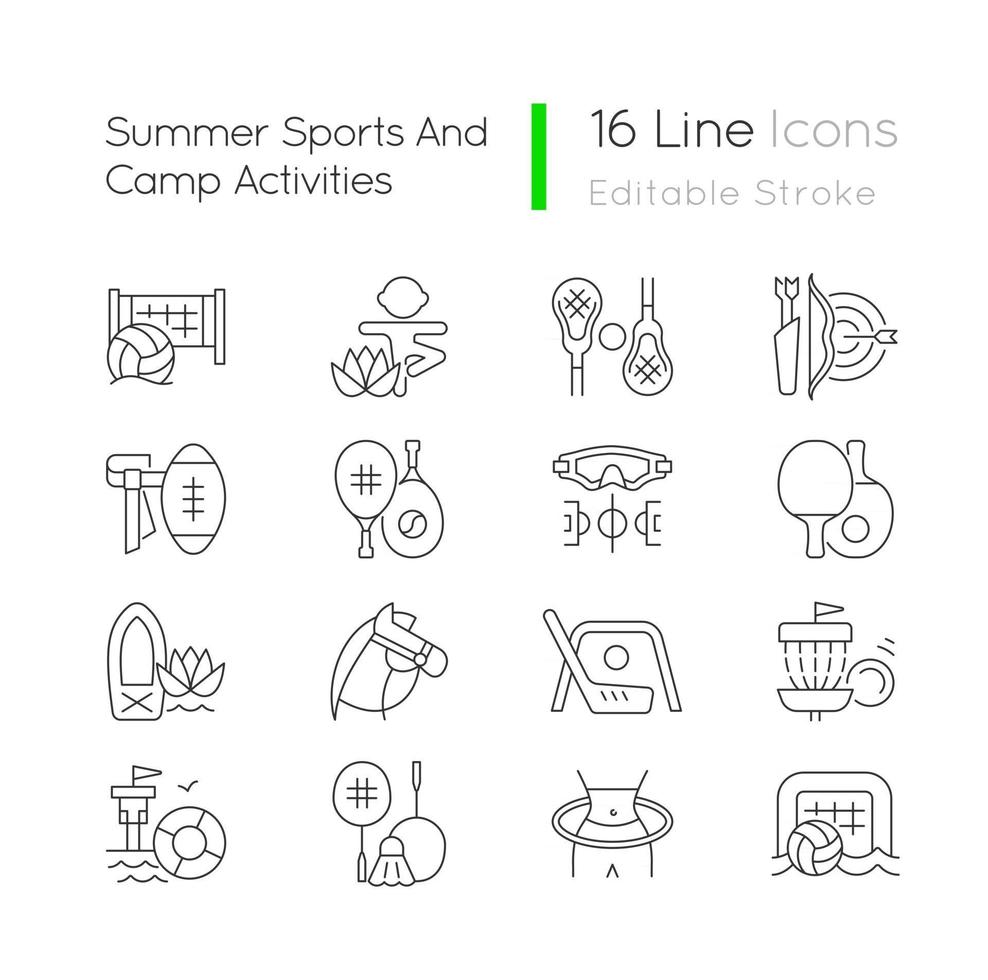 deportes de verano y actividades de campamento conjunto de iconos lineales. voleibol de playa. yoga para niños. bandera de Futbol. símbolos de contorno de línea fina personalizables. ilustraciones de contorno de vector aislado. trazo editable