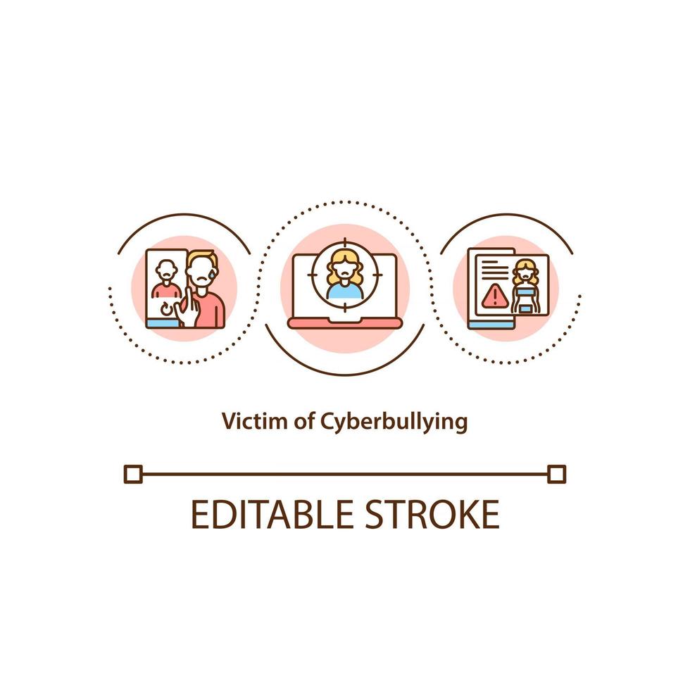 Cyberbullying victim concept icon. Targeting children and teens idea thin line illustration. Suffering from depression and stress disorder. Vector isolated outline RGB color drawing. Editable stroke