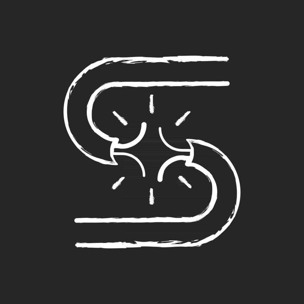 Short circuit chalk white icon on dark background. Voltage streaming excess. Appliance damage. Flickering lights on wire. Excessive current flow. Isolated vector chalkboard illustration on black