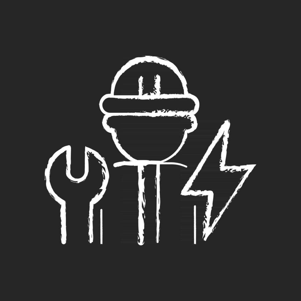 Electrician chalk white icon on dark background. Electrical wiring system installation and maintenance. Operating with electric devices, equipment. Isolated vector chalkboard illustration on black