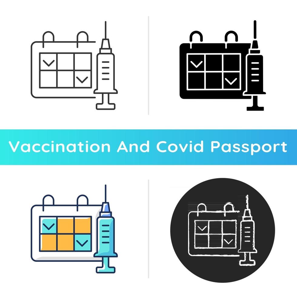 Two dose vaccination icon. Schedule for drug injection. 2 doze vaccine schedule. Hospital appointment. Health care, medicine. Linear black and RGB color styles. Isolated vector illustrations