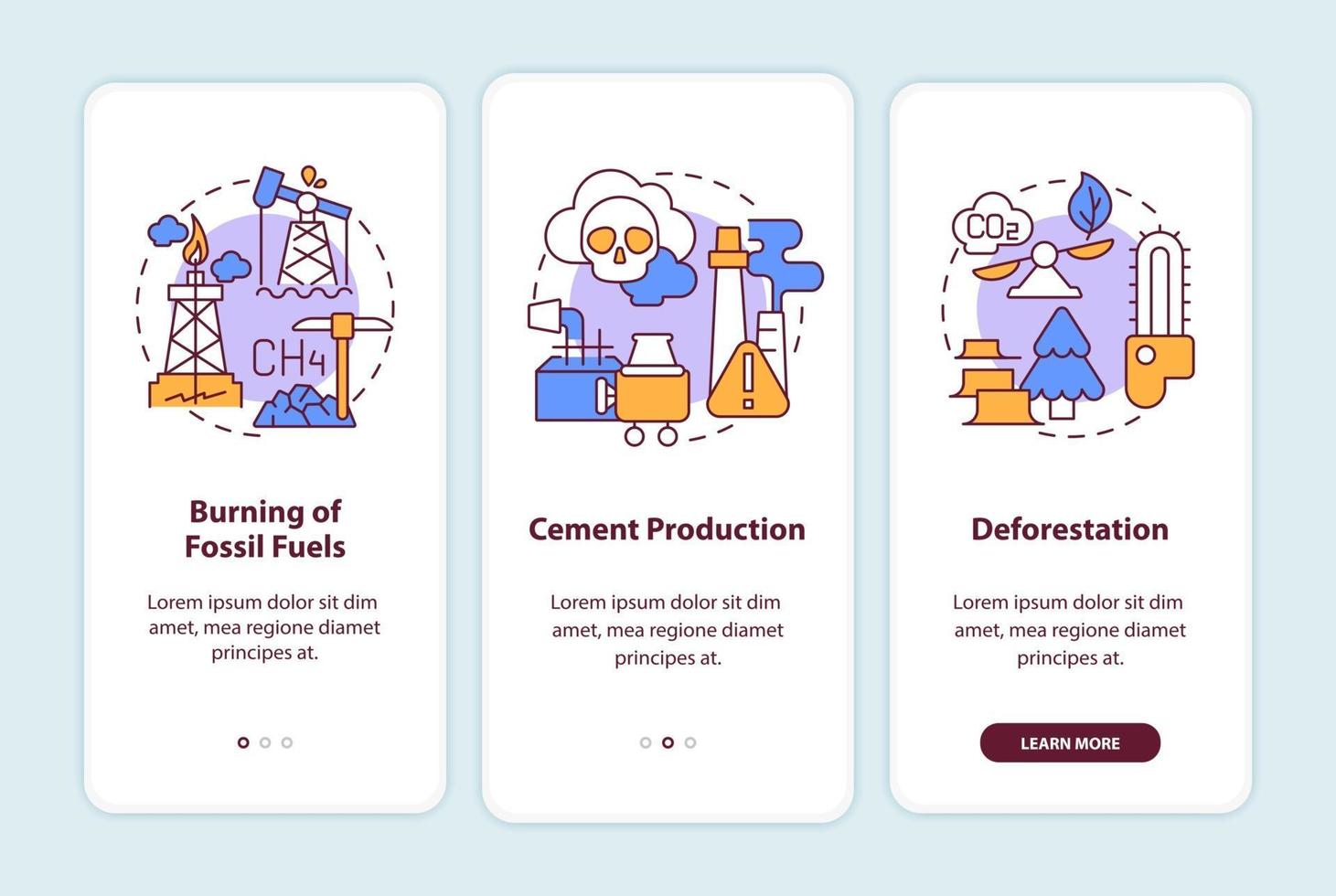 Human carbon emissions causes onboarding mobile app page screen with concepts. Fossil fuel burning walkthrough 3 steps graphic instructions. UI, UX, GUI vector template with linear color illustrations