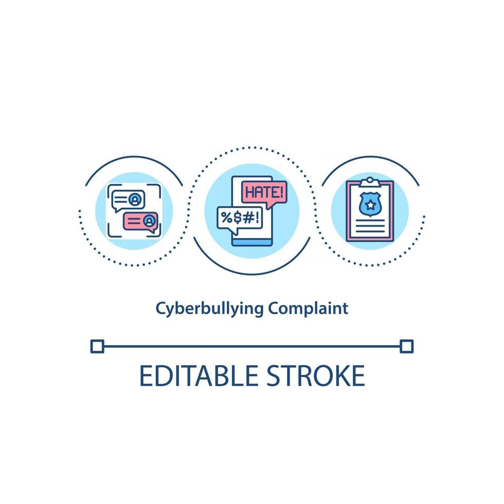 Cyberbullying complaint concept icon. Reporting harmful content in social media idea thin line illustration. Collecting evidence. Vector isolated outline RGB color drawing. Editable stroke