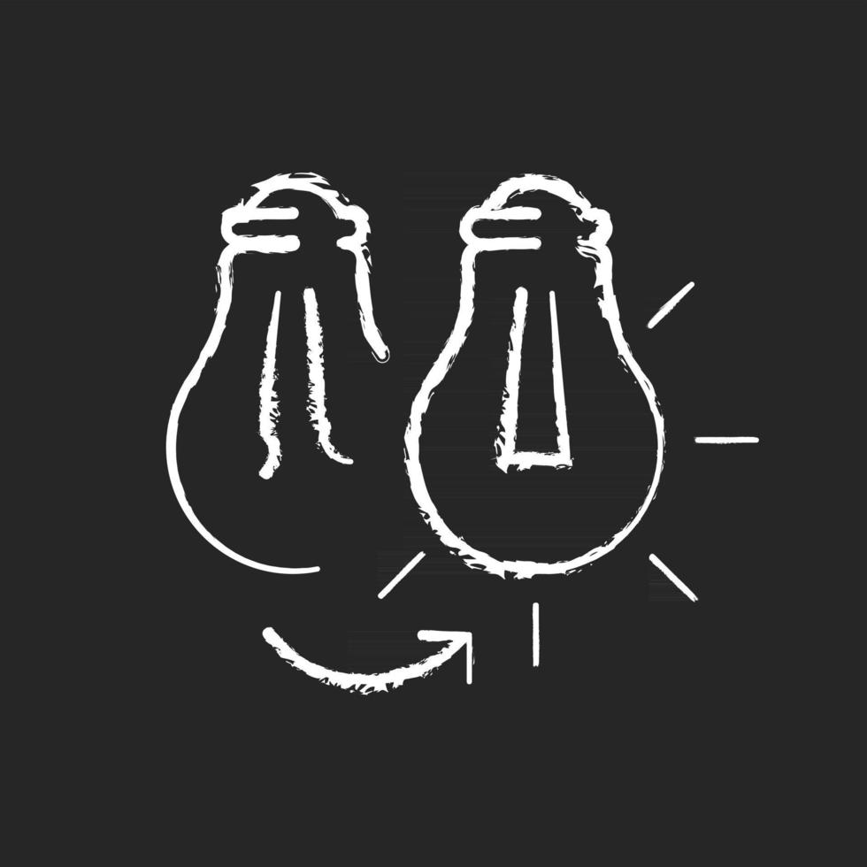 Changing lightbulb chalk white icon on dark background. Electrical repair. Bulb replacement. Lamp wattage. Leaving light bulb sockets empty. Isolated vector chalkboard illustration on black
